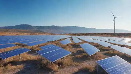 Un lago de sal, un paisaje sereno con un efecto gradiente sutil, un racimo de paneles solares y turbinas eólicas en la distancia, un dispositivo electroquímico o una célula de batería en foco con líneas azules brillantes, un toque de costa o montañas en el fondo, iluminación suave para transmitir innovación y sostenibilidad
