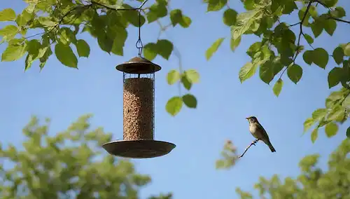 Alimentador de aves montado en una rama