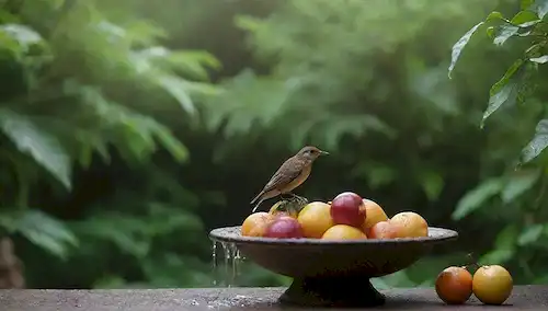 un entorno natural sereno, aves encaramadas en ramas, una característica de agua dorada, fruta madura, vegetación exuberante, afeitado sutil, gotas de rocío y enfoque suave