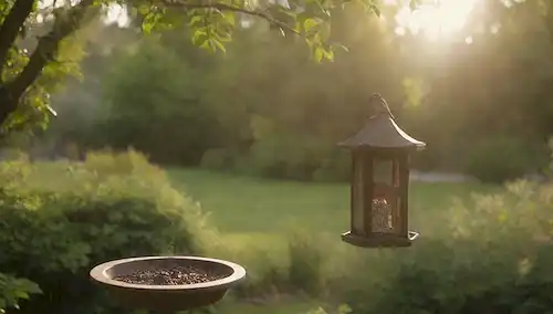 un patio trasero con vegetación exuberante, un alimentador de pájaros de madera, algunas aves (parrows y tal vez otros) volando alrededor o encaramado en ramas cercanas, la luz del sol caliente filtrando a través de hojas, unas flores floreciendo, y un ambiente relajado