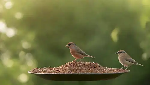 Alimentador de aves con perchas, especies de aves pequeñas, bandeja llena de semillas, fondo rústico, elementos naturales, vegetación, filtro de luz solar a través de hojas, diseño simple y compacto