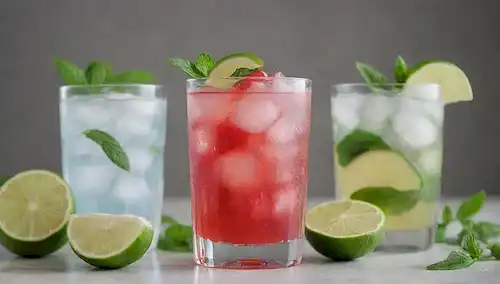 5 vasos coloridos con cubos de hielo, refrescantes bebidas con frutas y hierbas, un ambiente de verano, un fondo ligero, un vaso de agua espumoso en el centro, rodeado de algunas ramitas de menta, una rodaja de limón, y unos pocos cubos de hielo