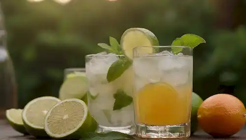 5 refrescantes bebidas, cristalería de verano, cuñas de lima, hojas de menta, frutas cítricas, tapón de botella, cubos de hielo, refrescantes salpicaduras, ambientación al aire libre, iluminación caliente