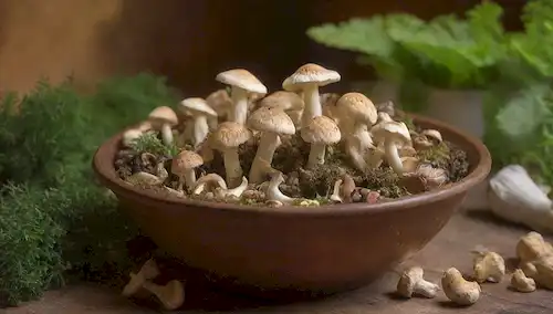 Un tazón lleno de varios tipos de hongos (cama de tinta afeitada, cantorelle, ostra) en una mesa de madera rústica, rodeado de verdes y flores frescas, con una luz de oro caliente iluminando la escena, con colores vibrantes para evocar nutrición y bienestar