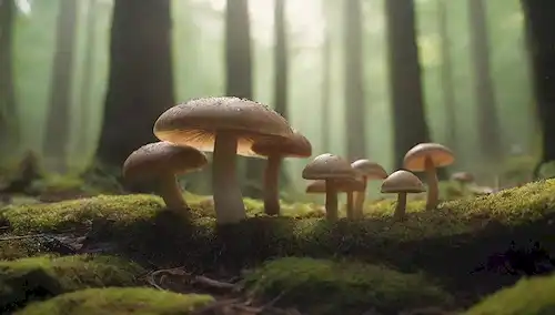 Una ilustración de tonos cálidos de varios tipos de hongos que crecen en un exuberante entorno forestal, con algunos que se acercan a una luz solar brillante, rodeada de sutiles toques de vegetación y musgo, con suaves sombras y relieves sobre las gorras de hongos, transmitiendo un sentido de abundancia natural y salud