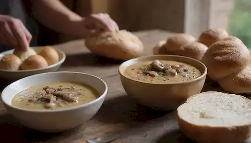 Una foto de tono cálido de una persona sentada en una mesa de madera rústica, rodeada de hongos frescos, con un cuenco de sopa y un pan de pan crujiente a su lado, capturando un momento acogedor de comer
