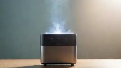 ilustración 3D de un ionizador de aire, partículas de polvo delicadas flotando lejos, niebla suave, fondo serena, colores calmantes, rayos ligeros sutiles, texturas naturales, enfoque suave, diseño minimalista