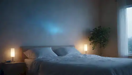 Una escena de dormitorio tranquila con un dispositivo de ionizador de aire emitiendo luces azules suaves