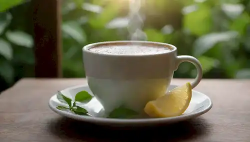 Una vida brillante y cítrica de una taza llena de café caliente al vapor