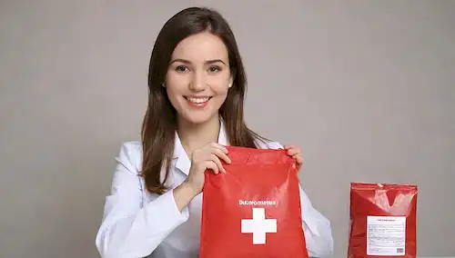 Una persona sonriente que sostiene una bolsa de donación de sangre, con un fondo brillante, rodeada de símbolos de conocimiento y felicidad, un cerebro con una burbuja de pensamiento que contiene una gota de sangre, un perfil emocional de personas con emociones positivas, un emblema de cruz roja en el lado, con sutiles toques de herramientas médicas