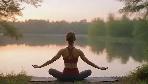 Una persona practicando yoga cerca de un lago sereno