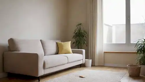 Una sala de estar limpia con un sofá minimalista y soporte para TV, una cacerola y una escoba que se inclinan contra una pared, una estantería llena de libros y objetos decorativos, un jarrón con flores frescas en una mesa de café, unas pocas plantas en la esquina, una suave luz que brilla a través de grandes ventanas, sin desorden ni desorden en ningún lugar