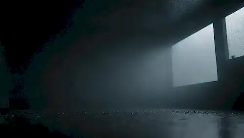 Una habitación oscura y ligeramente iluminada con gotas de agua en las paredes y el techo, una débil niebla que se llenó cerca del suelo, y varios pequeños insectos corriendo por la superficie