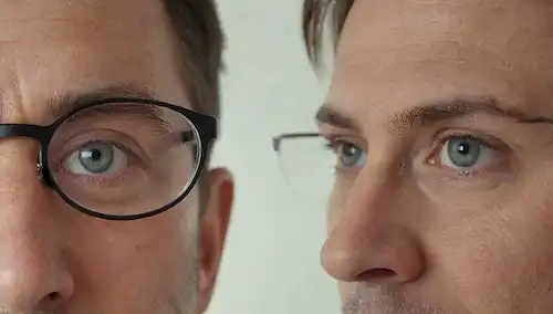 2 pares de gafas con diferentes formas de lente y poderes en un fondo blanco limpio, un par siendo bifocal y el otro progresivo, con una fuente de luz sutil que resalta las características de cada marco, y posiblemente una persona pequeña que las usa para escala