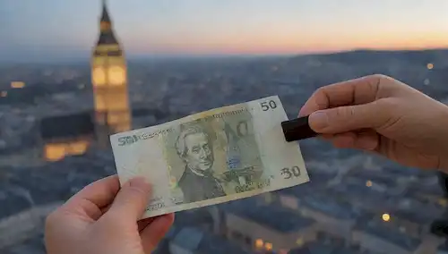 50 Euro bill con una lupa, dinero falso siendo desgarrado, una persona que sostiene una billetera, una figura sombría en el fondo, dinero disperso alrededor, un paisaje urbano al atardecer, un par de ojos mirando de cerca algo, una mano que alcanza un montón de facturas