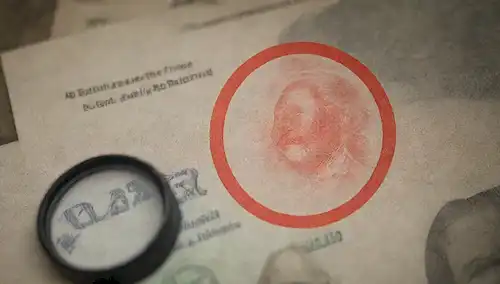 2 billetes lado a lado, uno genuino y uno falso, con diferencias sutiles en color, textura o diseño Una lupa de vidrio arriba, examinando una función de seguridad Un trasfondo de vacaciones con equipaje, pasaportes y accesorios de viaje dispersos alrededor de un símbolo de advertencia superpuesto con un círculo rojo y línea a través de él, indicando algo no está bien