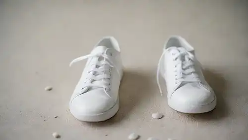 Zapatos blancos limpios con cordones desmontados en un fondo blanco suave, rodeado de algunas piedras decorativas o guijarros, con un brillo sutil para transmitir novedad y frescura, mostrando la belleza de calzado bien mantenido