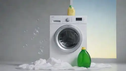 Una lavadora en uso, burbujas de jabón que suben a la superficie, ropa blanca que se limpia, un dispensador de jabón natural y una botella detergente química, un fondo dividido con un lado verde de la tierra y un lado industrial gris, un cielo soleado encima, agua limpia fluyendo de la lavadora, jabón suds disolver, ropa fresca colgando para secar