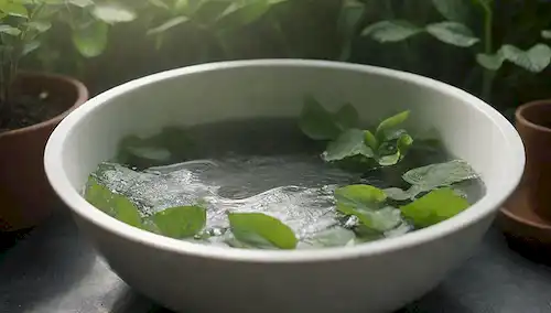 Ropa limpia lavada en un tazón rodeado de vegetación exuberante, con suaves ondas sobre superficie de agua, suave luz filtrando a través de plantas, y sombras sutiles para enfatizar los elementos naturales, con un sistema de lavandería ecológico y sostenible