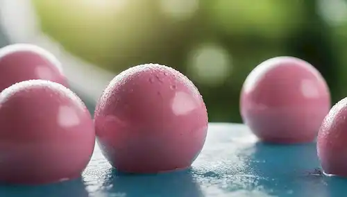ilustración 3D de bolas de lavandería ecológicas rodeadas de burbujas, con gotitas de agua y suaves ondas de fondo, que transmiten frescura y pureza