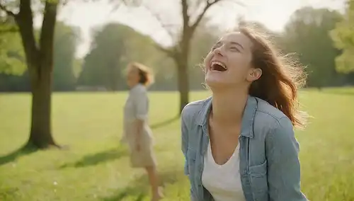 Mujer feliz riéndose con amigo en el parque, flores floreciendo, luz del sol brillando, árboles balanceándose, aves volando, césped verde, cielo azul, rostros sonrientes, expresiones alegres, poses relajadas