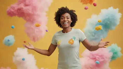 Persona sonriente de 3 brazos con aura vibrante de color arco iris, rodeada de ilustraciones caprichosas de células inmunes y anticuerpos, en un soleado fondo amarillo con nubes blancas suaves