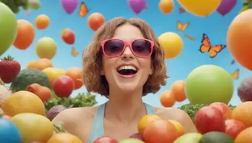 Un fondo brillante y colorido con una figura caricaturista usando gafas de sol y una sonrisa, rodeado de varias frutas y verduras, y acompañado por mariposas deslumbrantes, gérmenes siendo perseguidos, o globos apareciendo, todo transportando un sentido de felicidad y bienestar