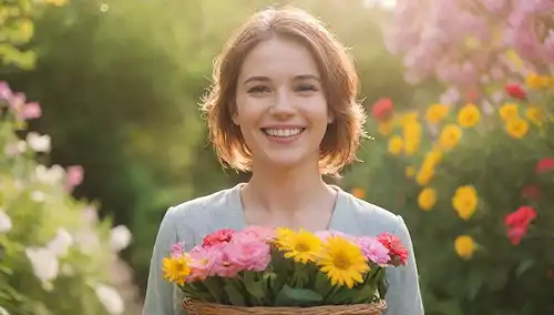Una ilustración brillante y colorida, una mujer sonriente rodeada de flores florecientes, sosteniendo una canasta llena de sol, con una suave sonrisa en su cara, en medio de un suave fondo borroso