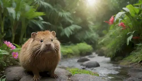 Un potoro alegre y saludable (Poto) con piel verde vibrante, rodeado de plantas tropicales exuberantes, un sol brillante que brilla en el fondo, unas cuantas flores coloridas dispersas alrededor, un suave arroyo corriendo a través de la escena, una sonrisa sutil en la cara Potos, transmitiendo contentamiento y alegría