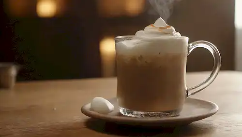vaso de café helado con cubos de hielo, cuenco de azúcar junto a él, cuchara reposando sobre el borde, espuma de leche helada en el fondo, aumento de vapor, iluminación caliente, superficie de madera rústica