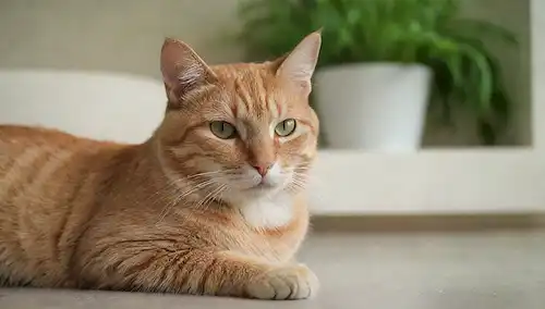 Un gato sereno en un ambiente tranquilo, sentado o acostado en una superficie suave, con colores suaves, sin desorden, muebles mínimos, y un toque de vegetación