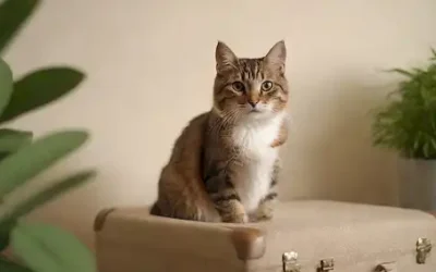 Un gato tranquilo sentado en una caja o maleta con una suave sonrisa