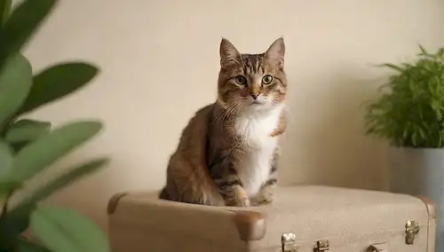 Un gato tranquilo sentado en una caja o maleta con una suave sonrisa