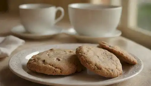 Un plato de galletas recién horneadas, una taza de té, un ambiente cálido, unas migajas dispersas, una cuchara descansando, una tarde agradable, un sentido de comodidad, un aroma dulce, un placer delicioso