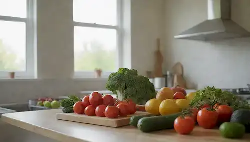 Una vibrante escena de cocina con una comida saludable que se prepara, un sombrero de chef y utensilios en el mostrador, algunas verduras frescas y frutas cercanas, una ventana brillante con luz natural que se derrama, un ambiente limpio y organizado