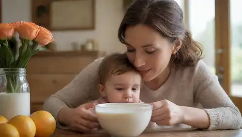 un ambiente cálido y natural de iluminación, una madre y un niño se unen sobre un cuenco de leche, con un vaso de leche A2 prominentemente mostrado en una mesa de madera rústica, rodeada de flores frescas o fruta, transmitiendo un sentido de serenidad, comodidad y nutrición sana