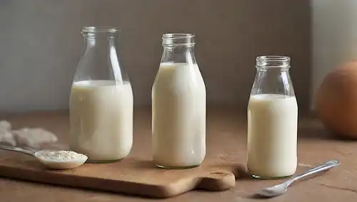 2 modelos de vaca, botellas de leche, tenedor y cuchara, vaso de leche con 2 moléculas de proteína, cerebro saludable, símbolo de salud intestinal, fondo de granja lácteos