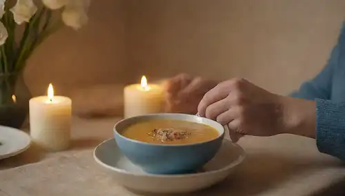 Una persona en un ambiente cálido y acogedor, con un tazón de sopa o té sobre la mesa, sosteniendo una rebanada de cebolla, rodeada de velas o flores, transmitiendo comodidad y relajación, con suaves sombras de luz y suaves sombras, evocando un sentido de tranquilidad, en medio de colores calmantes como beige, azul y blanco