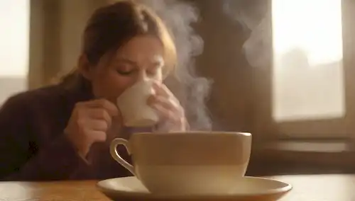 Un fondo cálido y dorado con una imagen borrosa de una persona soplan suavemente la nariz, una taza de té al vapor cerca, unas pocas gotas de cebolla que se levantan del lado, y un resplandor débil sugiriendo calmante alivio