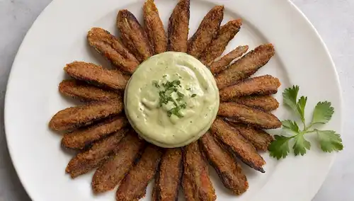 Un plato de anchoas fritas crujientes, marrón dorado y arreglado en un patrón en un fondo blanco, junto con un dollop de mayonesa de wasabi verde brillante, rematado con rodajas de berenjena asada y adornado con ramitas de perejil frescas