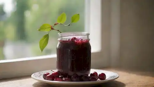 Un plato de cerezas frescas con tallos, un frasco de vidrio lleno de mermelada de cereza, un montón de hojas verdes oscuras, una rociada de flores comestibles, la luz del sol caliente derramando a través de una ventana abierta, enfoque suave, tonos terrenales