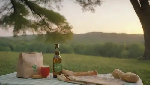 Una botella, un vaso, un bosque verde, un símbolo de reciclaje, una cervecería, una nube, un árbol, una persona sonriente, un embalaje sostenible, una bolsa reutilizable, una pareja feliz, un mantel de picnic, un ambiente refrescante, un atardecer, un paisaje natural