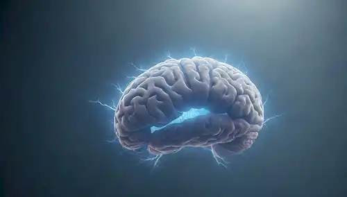 Ilustración 3D de un cerebro con neuronas iluminadas como pequeñas linternas, una sutil molécula del cuerpo de ketone que sobresale, rodeada de un débil aura de luz azul, con una suave y agitada niebla en el fondo