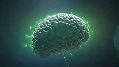 Un cerebro con una bombilla brillante, rodeado de neuronas flotantes, en medio de un vórtice giratorio de tonalidades azules y verdes, con sutiles toques de luz solar dorada y nubes brillantes en el fondo