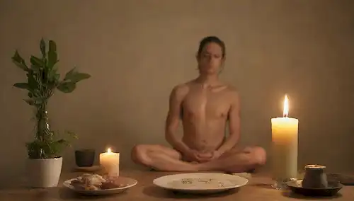 Una persona que medita, un reloj que muestra diferentes tiempos, un cerebro con neuronas encendidas, un plato de comida que se prepara, un calendario con varios días marcados, un frasco de aceite y una vela, un fondo pacífico con elementos naturales como plantas o agua, una cabeza humana con burbujas de pensamiento