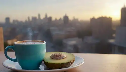 Células cerebrales 3D, luz azul brillante, nubes giratorias, una taza con café helado, un plato con aguacate rebanado, una persona en posición de meditación, un paisaje urbano al amanecer