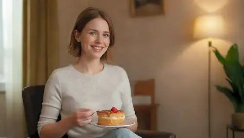 una persona con una expresión tranquila, sentada cómodamente en una silla, con una sonrisa sutil, sosteniendo un pequeño plato con una rodaja de pastel en una mano, y una taza de café o té en otra, rodeado de un ambiente cálido y acogedor, quizás con algunos frutos frescos o plantas cercanas