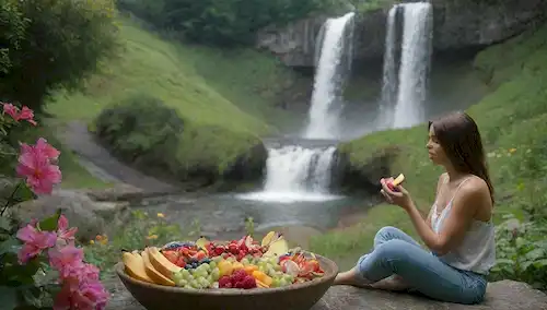 Un paisaje sereno con una persona sentada en una roca, rodeada de exuberante vegetación y flores coloridas, sosteniendo un tazón con una refrescante ensalada de frutas, con una suave cascada en el fondo, con un ambiente tranquilo y pacífico