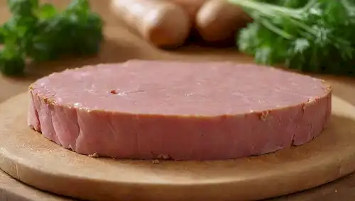 Plato de cerámica de color rico con iluminación suave, pâté rebanada dispuesta en un patrón decorativo, crujiente crujiente en la parte superior, frescuras de perejil fresco adornan, corteza dorada, jugosa cerdo y especias visibles debajo, tabla de corte rústico de madera o fondo de la placa de servir, ambiente cálido y acogedor
