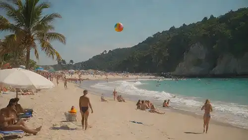 una escena de playa con sunbathers, palmeras, y cielo azul claro, gente con gafas de sol, sombreros y bañadores, un soporte de salvavidas en la distancia, un paraguas de playa o canopy, agua salpicando contra la orilla, niños jugando con una bola de playa, gaviotas volando sobre la cabeza